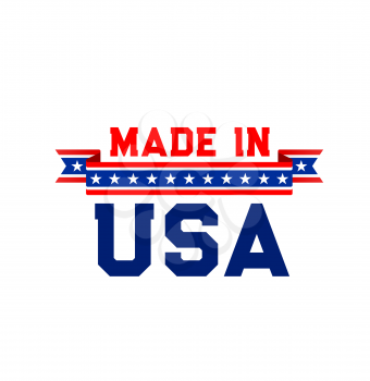 Made in USA label with vector ribbon in colors of United State flag. Blue, red, white stars and stripes ribbon banner with made in USA lettering, American patriotic emblem, product quality tag design