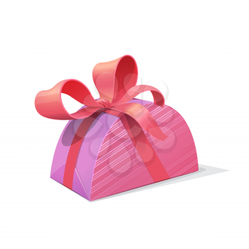 Pink gift box with ribbon bow vector design of present package in striped wrapping paper. Holiday surprise giftbox for Christmas, Xmas or Birthday, New Year, anniversary or Valentine Day celebration