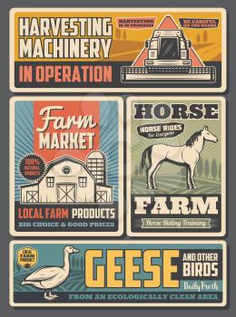 Harvesting machinery, farming, agriculture industry. Vector field works combine and farm market, farmland barn house. Horse, geese farm animals