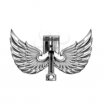 Winged piston, isolated racing symbol monochrome tattoo. Vector vintage bike club icon, car piston with wings. Championship or tournament on racing, motorcycle, vehicle garage station theme