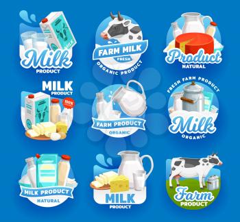 Milk and dairy food products vector icons. Natural organic dairy farm milk splash pouring in glass cup from jug, cheese and butter, company signs or package emblems