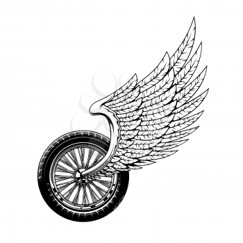 Wheel and wing isolated monochrome bikers club icon. Vector winged wheel race symbol or rockers monochrome tattoo. Bike or motorcycle rally label, racing championship or tournament