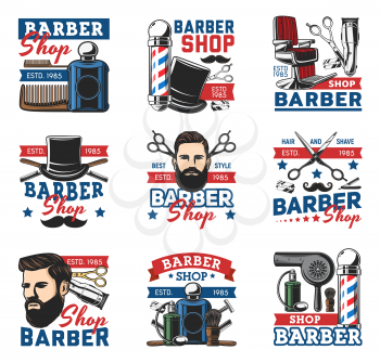 Barber shop salon, vector retro icons, hipster beards and gentlemen haircut. Premium quality barber shop pole signage, hair trimmer and dryer, scissors and comb, mustache shaving brush and razor blade