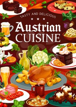 Food of Austrian cuisine, vector desserts, vegetables and beer. National meals of Austria, meat and coffee cup. Tyrolean beef stew and chocolate cake sacher, potato pasta and beer soup, cabbage