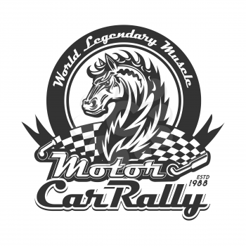 Wild mustang with racing flag, flaming mane and hand lettering. Motorsport, motocross or rally. Car racing or motor sport t-shirt print vector design