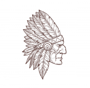 Indian chief head in indigenous headdress of eagle feathers, tattoo. Vector Western and native American Indigenous tribes culture symbol of Indian chief warrior, monochrome engraving sketch icon