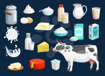 Milk product vector icons of dairy food and drink design. Yogurt bottle, glass and cheese, cow animal, cream and butter, jug and box of sour cream, cottage cheese bowl, mozzarella, baked milk splashes
