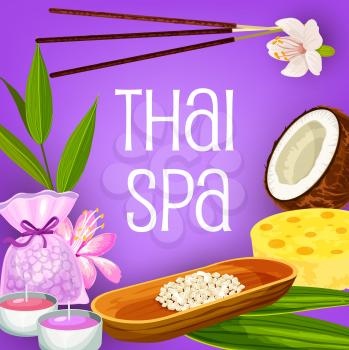 Thai spa, massage and beauty salon vector design of health therapy. Aromatherapy treatments, candles and incense sticks, bath salt, sponge and orchid flowers, coconut oil and leaves of exotic palm