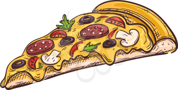 Pizza with vegetables, mushrooms and salami isolated slice. Vector fastfood sketch, pepperoni with olives and tomatoes