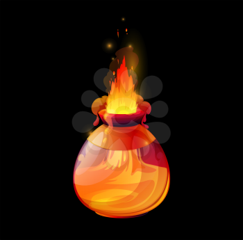Potion bottle with fire flames, vector magic game interface, gui or ui design element. Cartoon alchemist elixir, witch poison or love potion in glass bottle with orange flame, smoke and sparkles