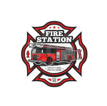 Firefighting symbol vector icon with fire truck and firefighter equipment. Fire engine, hydrant, fireman ladder and hook isolated red badge of fire department, rescue and emergency service design
