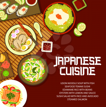 Japanese food cuisine, Asian menu cover, vector Japan oden bowl meals with rice, ramen and udon noodles. Japanese cuisine dinner and lunch, sushi and seafood temaki rolls with steamed salmon