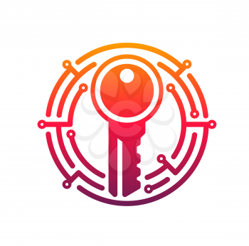 Cyber security key vector icon of network data secure technology. Digital access key in pink round frame of circuit board pattern isolated emblem or symbol of privacy, information and internet safety