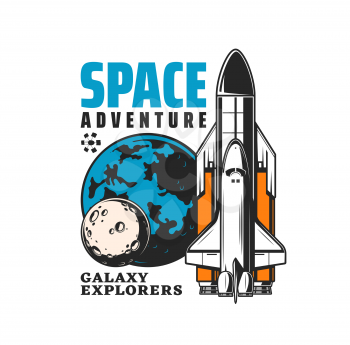Galaxy explorer icon, rocket spaceship launch to space exploration, vector emblem. Orbital station or spacecraft shuttle and planets, galaxy discovery and interstellar spaceflight