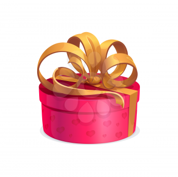 Round holiday gift with golden bow, vector pink box, present wrapped with sumptuous ribbon. Isolated cartoon giftbox for festive event Christmas, Valentine Day, Birthday or New Year celebration