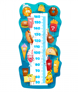 Kids height chart with cartoon fast food characters, vector growth meter. Kids height chart with funny cute fastfood burger, hot dog, ice cream and cake, pizza and cheeseburger with ketchup, mustard