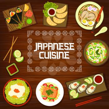 Japanese cuisine menu cover, Asian food dishes and Japan oden bowls. Traditional Japanese dinner and lunch meals, ramen and udon noodles, sushi and seafood temaki rolls with oysters and dip sauce