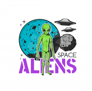 Space aliens icon with vector UFO or flying saucers, green martian humanoid monster, extraterrestrial planet, galaxy universe Moon and stars. Alien civilization exploration and UFO research design