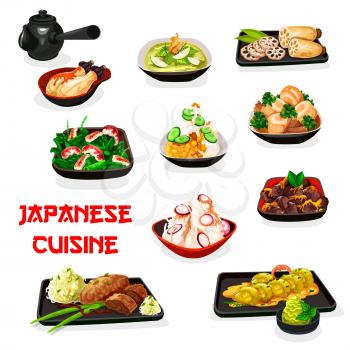 Japanese cuisine vector dishes of seafood, vegetables and meat. Chicken giblets and eggplant stews with miso and sesame sauce, pork and lotus root salads with shrimp, cabbage and asparagus. Asian food