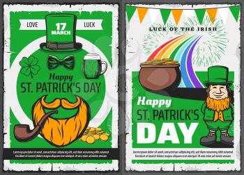 St Patricks Day leprechaun greeting posters, Irish holiday vector design. Celtic elf with green hat, pot with gold coins and shamrock clover leaves, beer, orange beard, smoking pipe and rainbow