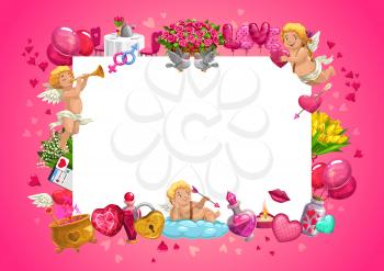 Valentines Day love hearts, Cupids and gifts vector frame with copy space. Romantic holiday flower bouquets, wedding ring and balloons, kiss lips and candles