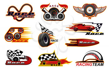 Car races, motor street racing engine and wheel fire flame icons. Vector racing team club symbols, sportcar bolid burning flame and speedometer, rally drift drag races championship