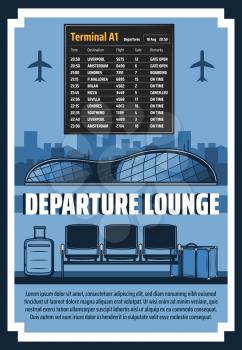 Airport flights time schedule and departure lounge terminal Vector travel and journey theme, international airport departure hall and traveler bags, airlines