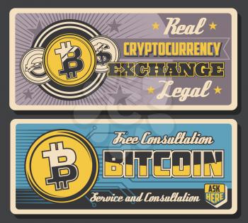 Bitcoin cryptocurrency exchange, crypto currency transactions blockchain vintage posters. Vector digital money mining and crypto coins payment technology, online banking and bitcoin exchange