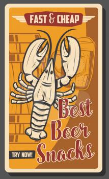 Beer bar fast food menu retro vintage poster, crayfish snacks. Vector Oktoberfest beer festival and brewery pub advertisement, pint mug and wooden barrel, traditional beer brewing festival