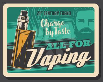 Vape shop accessories and electronic cigarette tobacco liquids vintage retro poster. Vector 21 century alternative smoking trend e-cigars, vaping cigarettes and hookah