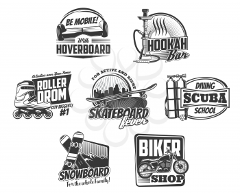 Sport hobby, leisure activity and entertainment icons. Vector scuba diving school, biker shop and hookah bar signs, hoverboard, rollerdrom and professional skateboarding or snowboarding club symbols