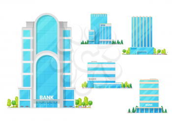 Bank buildings, city financial institution center architecture facade icons. Vector modern bank buildings, business center and finance district infrastructure with streets and cars