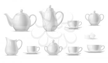 Tea or coffee set with 3d vector white cups, mugs and pots, teapot, sugar bowl, saucers and creamer. Hot drink or beverage crockery realistic design with ceramic or porcelain tableware