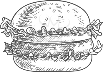 Hamburger or isolated burger sketch. Vector fastfood bun with cheese, chop and lettuce