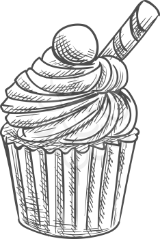 Muffin topped by waffle cone and chocolate candy isolated pastry food. Vector cupcake, bakery product