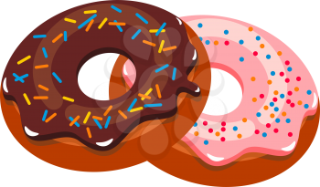 Chocolate and strawberry donuts isolated pastry food. Vector doughnut with sprinkles, cake in glaze
