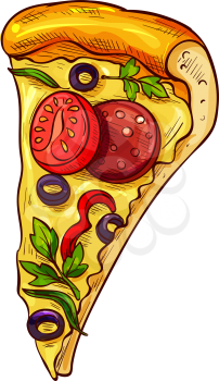 Pizza with vegetables, mushrooms and salami isolated sketch. Vector fastfood snack pepperoni with olives and tomatoes