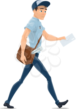 Postman delivering letter vector isolated character. Delivery man with bag and envelope in hand