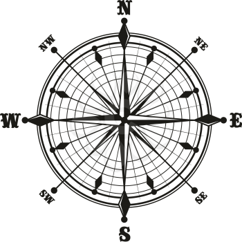 Marine navigation compass isolated icon. Vector monochrome rose of wind, dial showing longitude and latitude