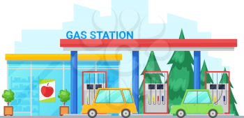 Gas station with petrolling cars isolated glass exterior building. Vector filling station with small shop