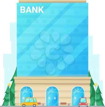 Bank exterior isolated multi-storey building. Vector city banking house with trees and parking zone