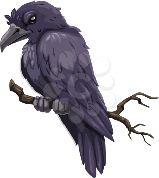Crow on branch icon, evil feathered animal, isolated vector. Raven on tree, scary bird