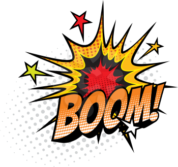 Boom sound blast, comic book cartoon bubble chat icon. Vector Boom sound cloud explosion with stars bang, superhero comic book art