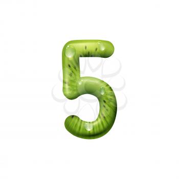 Five number of kiwi fruit isolated summertime numeric symbol. Vector 5 numeral of exotic food