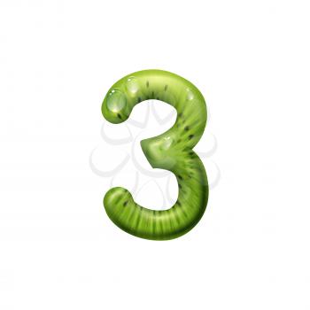 Three numeral of kiwi fruit isolated typography font element. Vector 3 summer digit with water drops