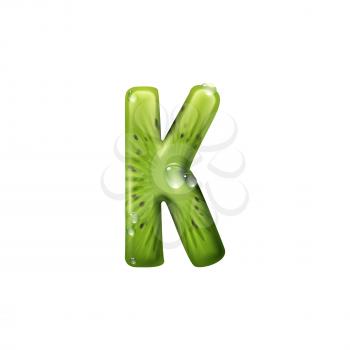 Capital letter K of exotic kiwi isolated summer food alphabet symbol. Vector K, tropical font