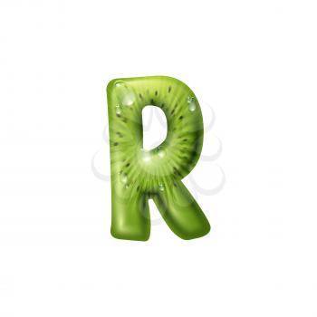 R letter of kiwi fruit isolated ABC symbol. Vector exotic summer fruit with water drops