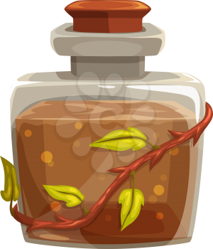 Poison brown brew in bottle with tree branch. Vector witch potion in glass jar with cork