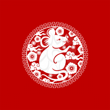 Chinese New Year of rat, ornament with pagoda and sakura flowers. Vector metal rat symbol, tori gate