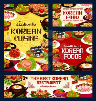 Korean restaurant menu, Asian traditional cuisine food recipes. Vector Korean authentic meat and rice food, ramen, soba or udon noodles, dumplings and salads, bulgogi soup and desserts